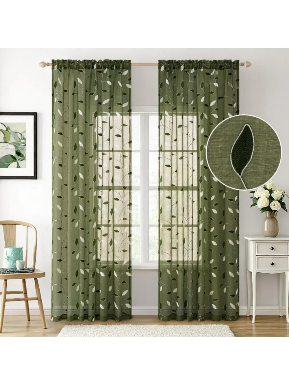 Olive Green Sheer Curtains Set, Leaf Pattern, Embroidered Floral, Rod Pocket, 2